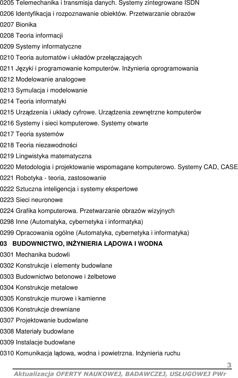 In ynieria oprogramowania 0212 Modelowanie analogowe 0213 Symulacja i modelowanie 0214 Teoria informatyki 0215 Urz dzenia i układy cyfrowe.