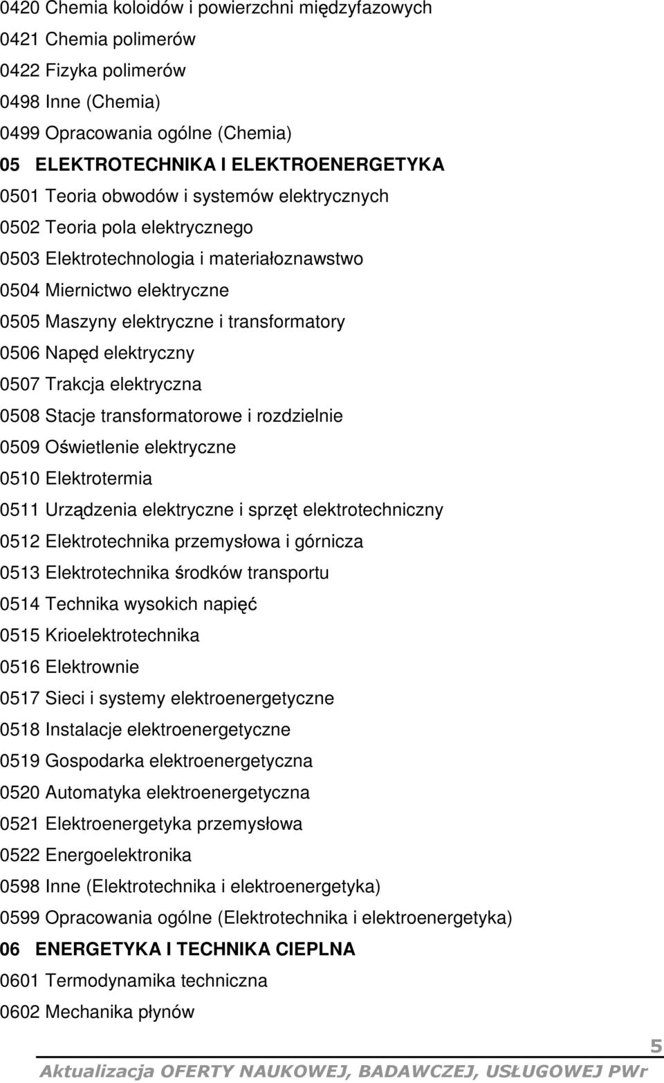 elektryczny 0507 Trakcja elektryczna 0508 Stacje transformatorowe i rozdzielnie 0509 O wietlenie elektryczne 0510 Elektrotermia 0511 Urz dzenia elektryczne i sprz t elektrotechniczny 0512