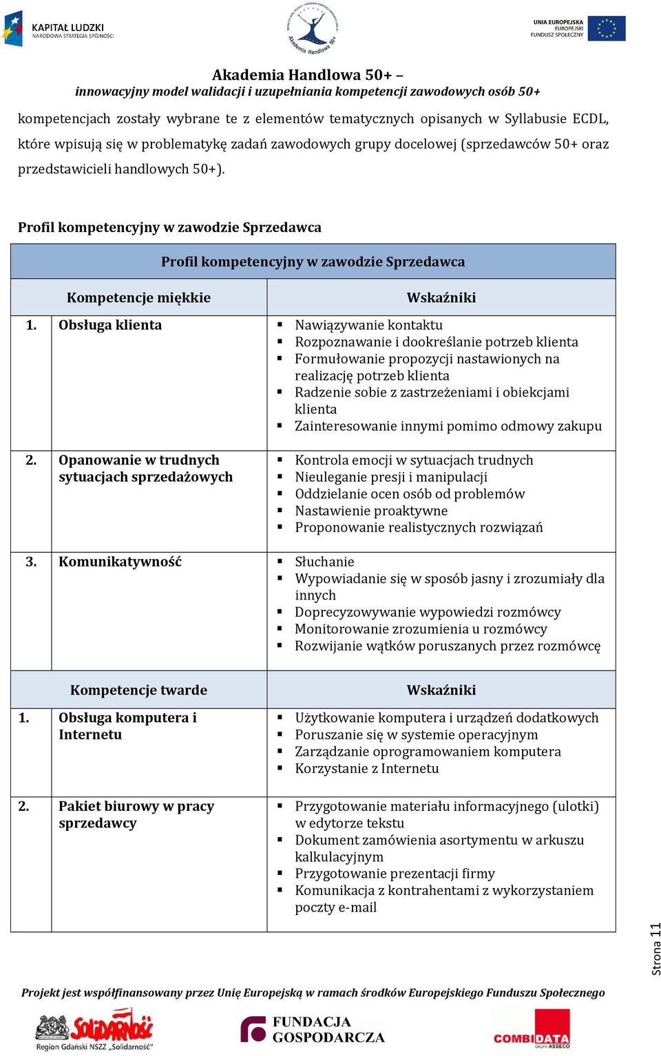 Obsługa klienta Nawiązywanie kontaktu Rozpoznawanie i dookreślanie potrzeb klienta Formułowanie propozycji nastawionych na realizację potrzeb klienta Radzenie sobie z zastrzeżeniami i obiekcjami