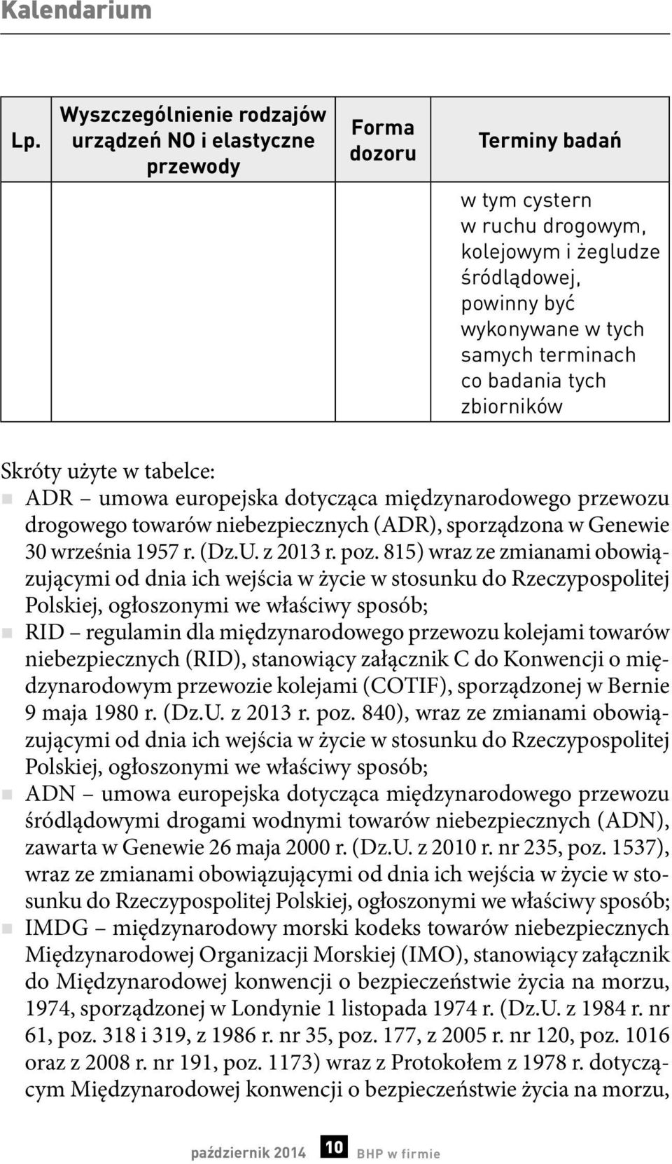 co badania tych zbiorników Skróty użyte w tabelce: ADR umowa europejska dotycząca międzynarodowego przewozu drogowego towarów niebezpiecznych (ADR), sporządzona w Genewie 30 września 1957 r. (Dz.U.