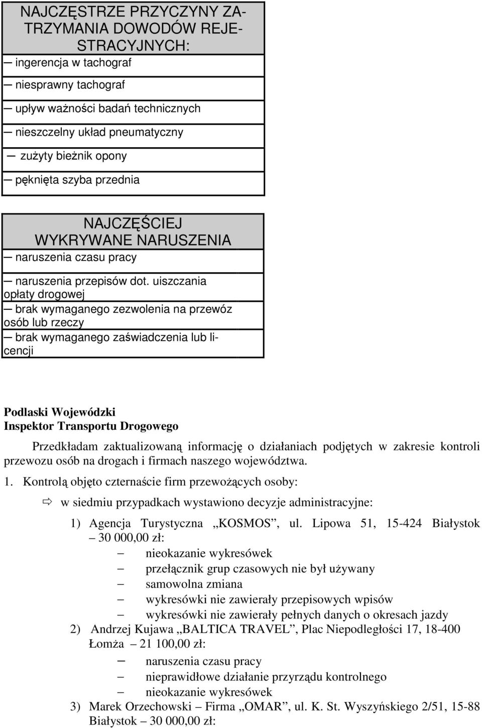 uiszczania opłaty drogowej brak wymaganego zezwolenia na przewóz osób lub rzeczy brak wymaganego zawiadczenia lub licencji Podlaski Wojewódzki Inspektor Transportu Drogowego Przedkładam zaktualizowan