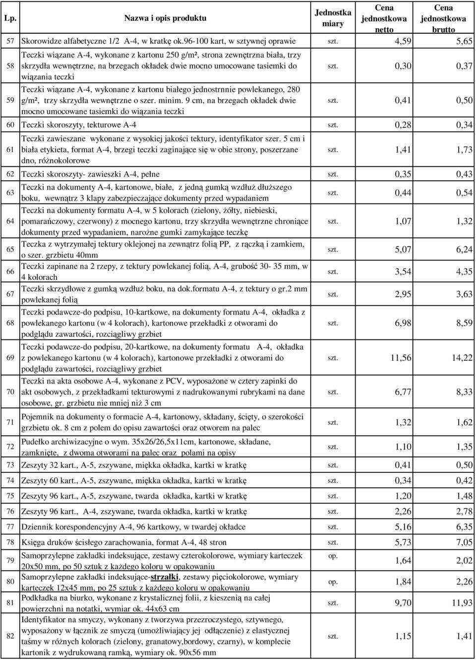 A-4, wykonane z kartonu białego jednostrnnie powlekanego, 280 g/m², trzy skrzydła wewnętrzne o szer. minim. 9 cm, na brzegach okładek dwie mocno umocowane tasiemki do wiązania teczki szt.