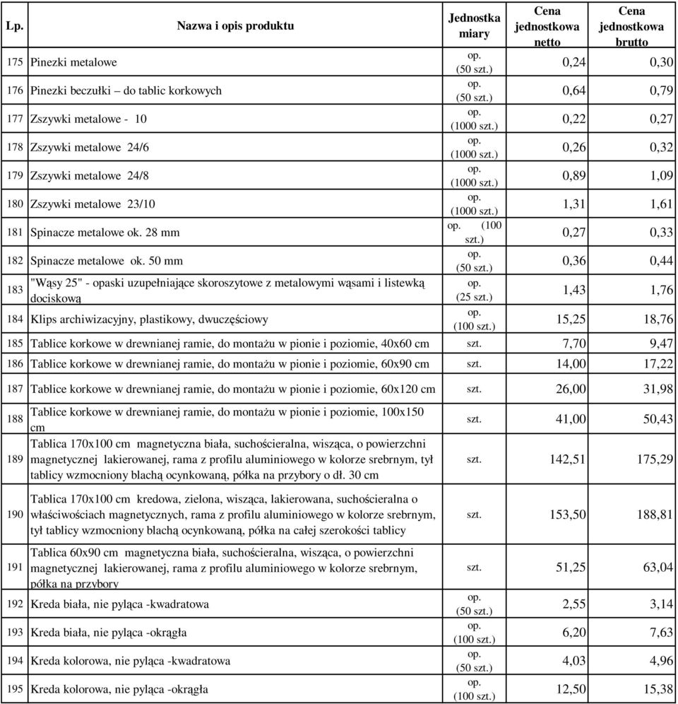 50 mm 0,36 0,44 "Wąsy 25" - opaski uzupełniające skoroszytowe z metalowymi wąsami i listewką 183 dociskową (25 szt.