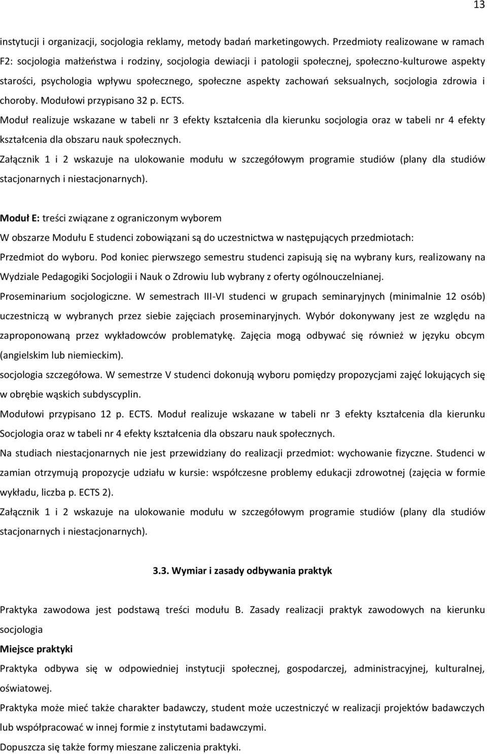 aspekty zachowań seksualnych, socjologia zdrowia i choroby. Modułowi przypisano 32 p. ECTS.