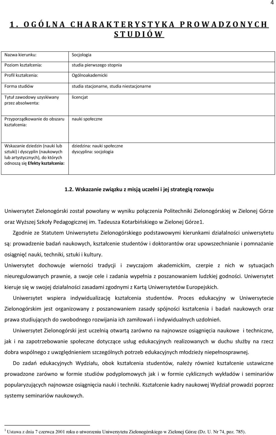 sztuki) i dyscyplin (naukowych lub artystycznych), do których odnoszą się Efekty kształcenia: dziedzina: nauki społeczne dyscyplina: socjologia 1.2.