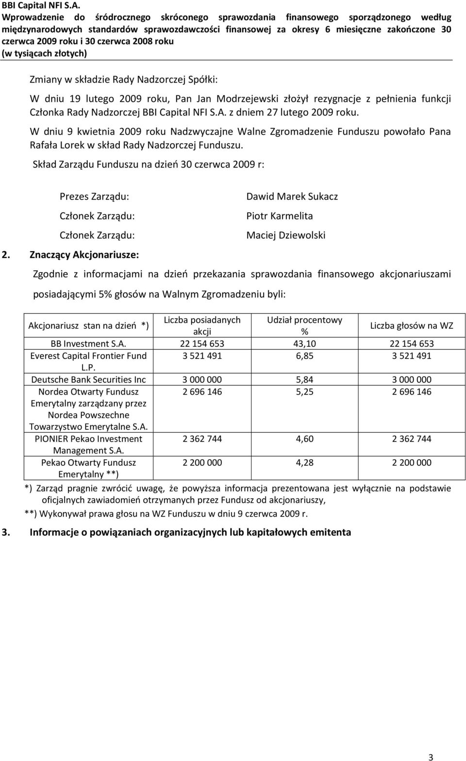 Skład Zarządu Funduszu na dzień 30 czerwca 2009 r: Prezes Zarządu: Członek Zarządu: Członek Zarządu: 2.