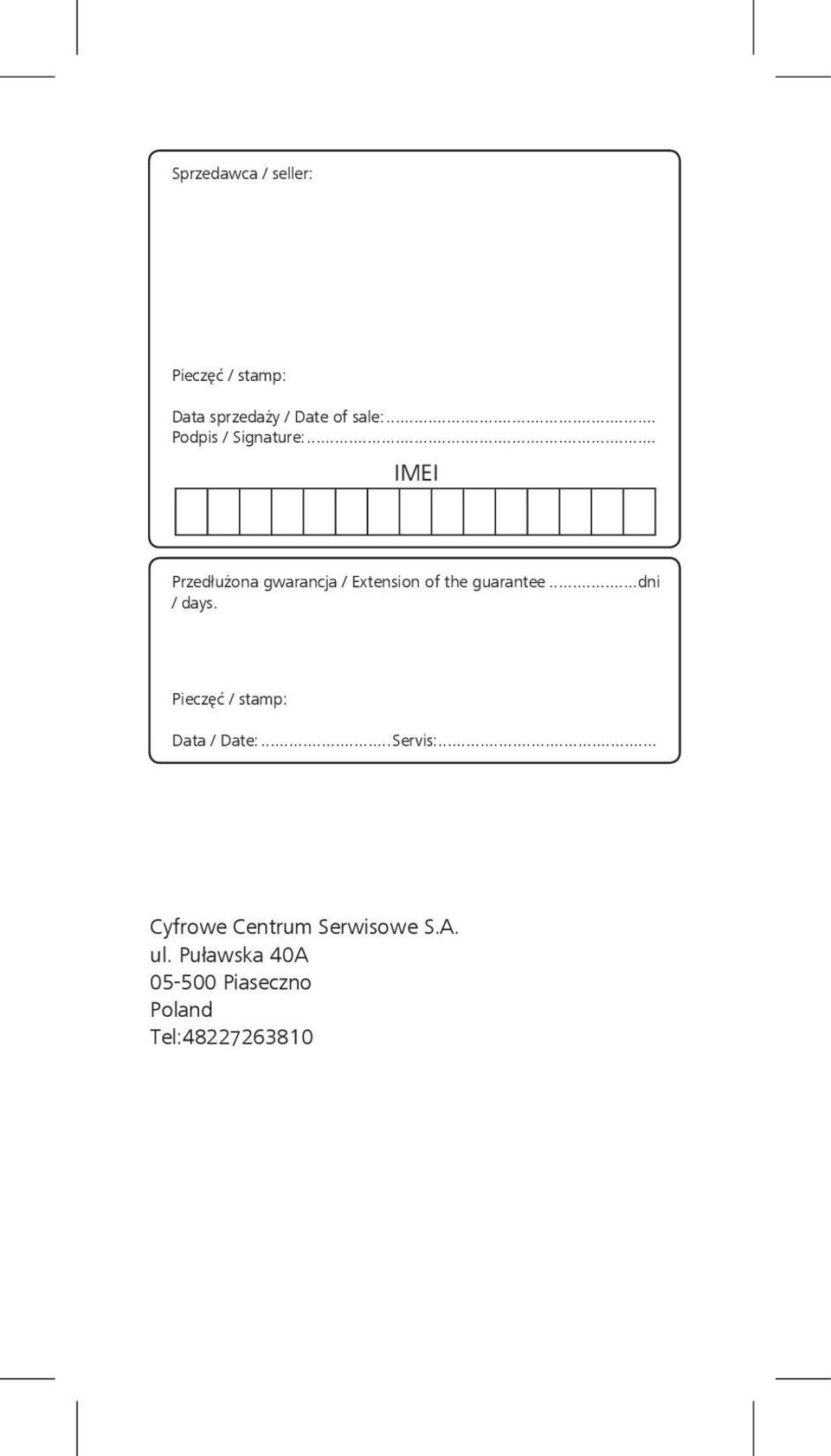 .. IMEI Przedłużona gwarancja / Extension of the guarantee...dni / days.