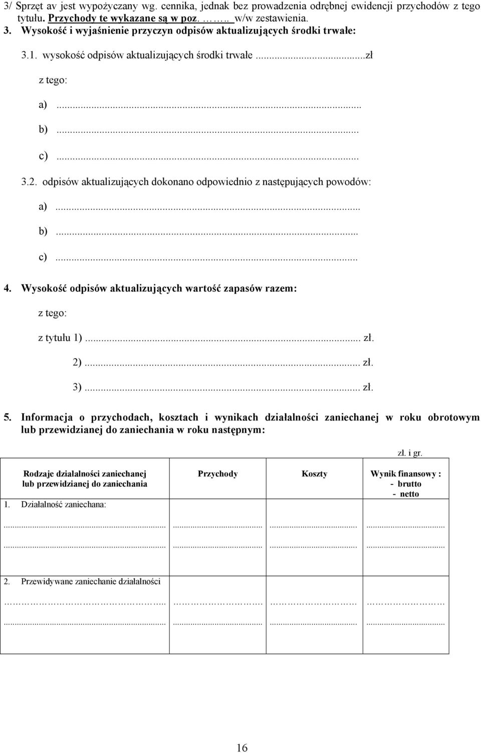 odpisów aktualizujących dokonano odpowiednio z następujących powodów: a)... b).. c).. 4. Wysokość odpisów aktualizujących wartość zapasów razem: z tytułu 1)... zł. 2)... zł. 3)... zł. 5.