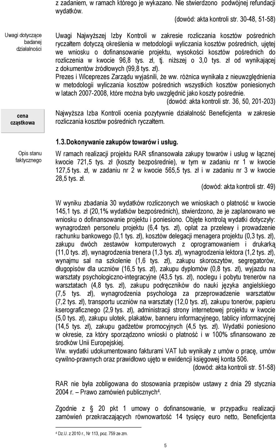 pośrednich, ujętej we wniosku o dofinansowanie projektu, wysokości kosztów pośrednich do rozliczenia w kwocie 96,8 tys. zł, tj. niŝszej o 3,0 tys. zł od wynikającej z dokumentów źródłowych (99,8 tys.