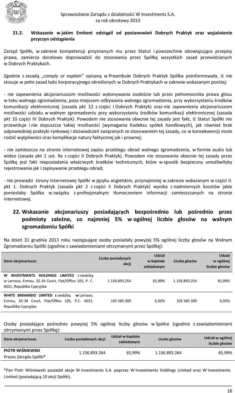 Zgodnie z zasadą comply or explain opisaną w Preambule Dobrych Praktyk Spółka poinformowała, iż nie stosuje w pełni zasad ładu korporacyjnego określonych w Dobrych Praktykach w zakresie wskazanym