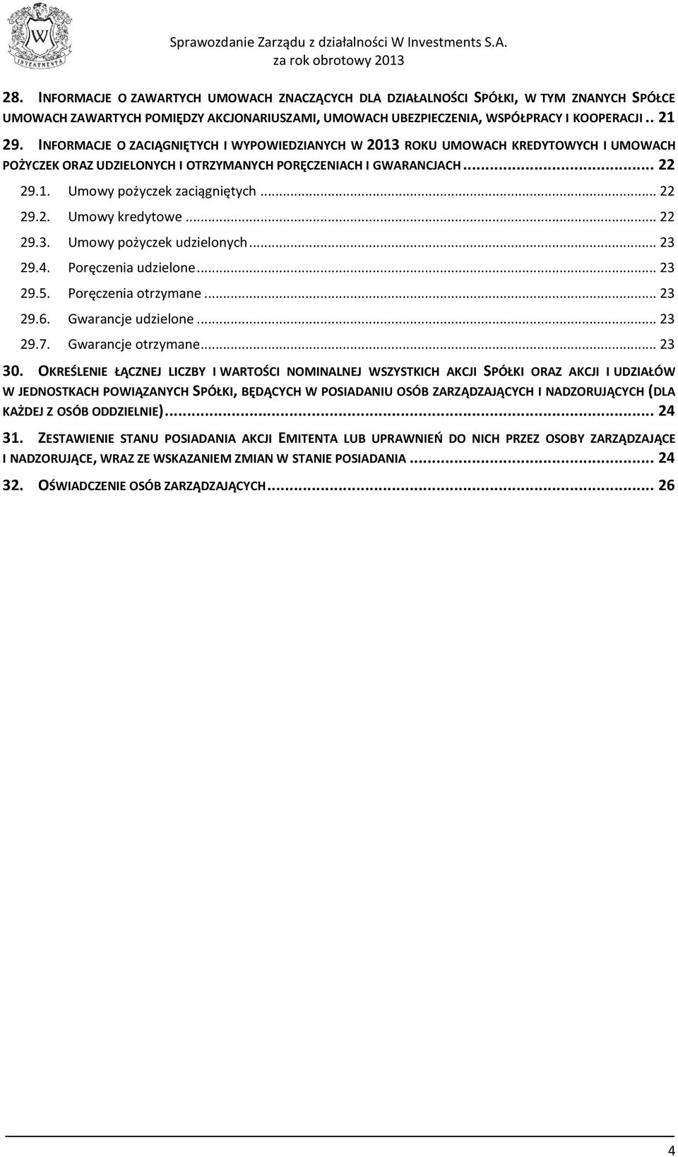 .. 22 29.2. Umowy kredytowe... 22 29.3. Umowy pożyczek udzielonych... 23 29.4. Poręczenia udzielone... 23 29.5. Poręczenia otrzymane... 23 29.6. Gwarancje udzielone... 23 29.7. Gwarancje otrzymane.