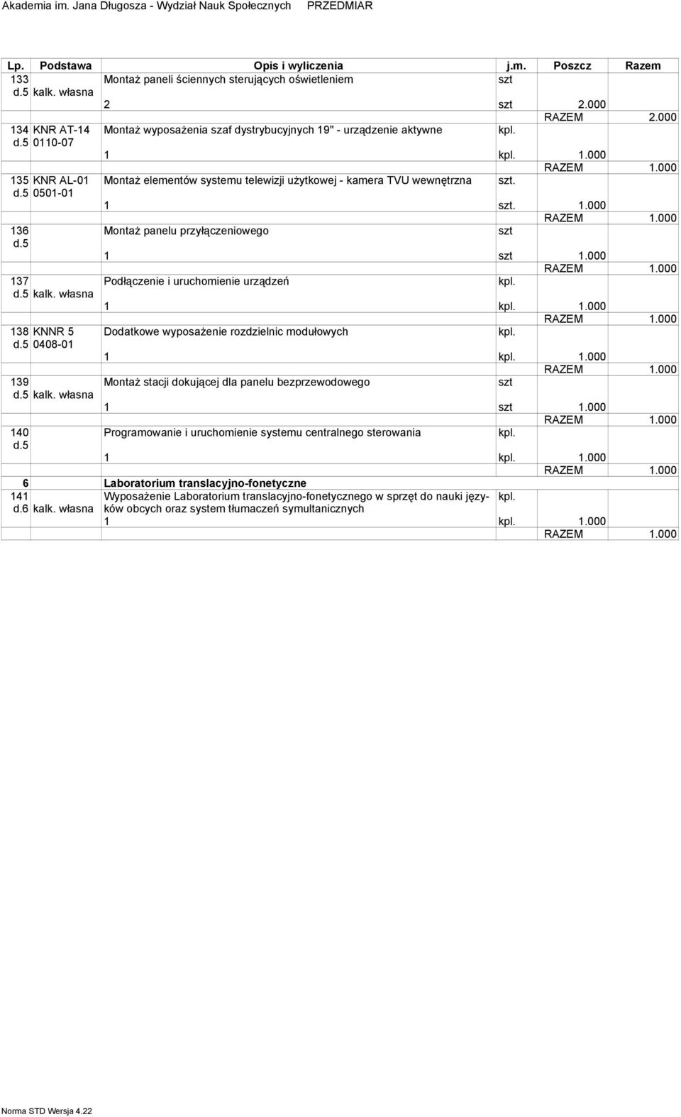 5 1 1.000 137 Podłączenie i uruchoienie urządzeń d.5 kalk. własna 138 KNNR 5 Dodatkowe wyposażenie rozdzielnic odułowych d.5 0408-01 139 Montaż stacji dokującej dla panelu bezprzewodowego d.5 kalk. własna 1 1.