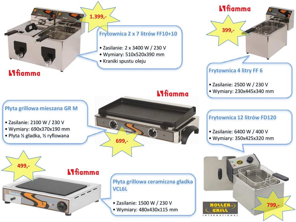 Wymiary: 690x370x190 mm Płyta ½ gładka, ½ ryflowana Frytownica 12 litrów FD120 Zasilanie: 6400 W / 400 V Wymiary: