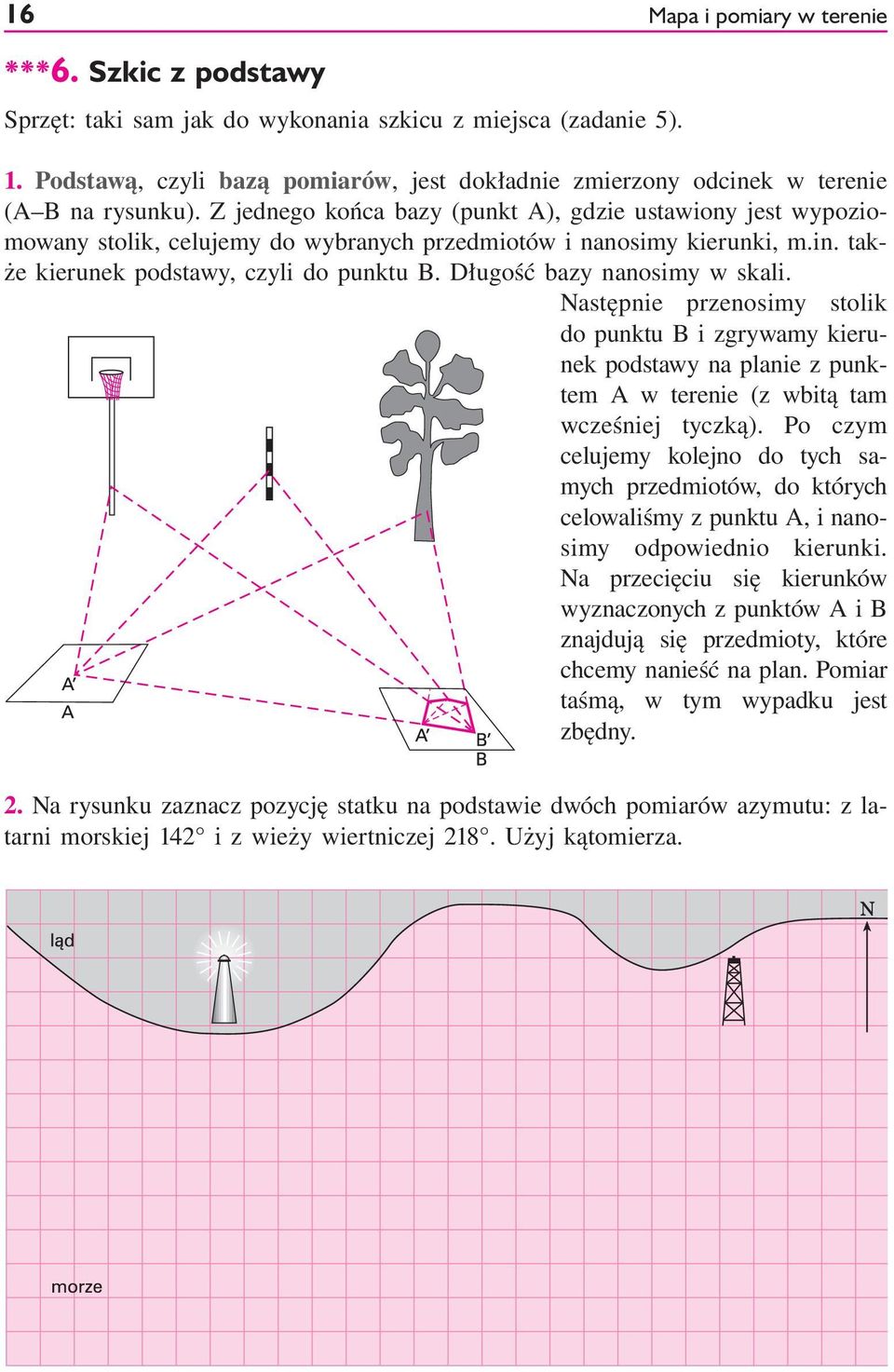 Z jednego końca bazy (punkt A), gdzie ustawiony jest wypoziomowany stolik, celujemy do wybranych przedmiotów i nanosimy kierunki, m.in. także kierunek podstawy, czyli do punktu B.