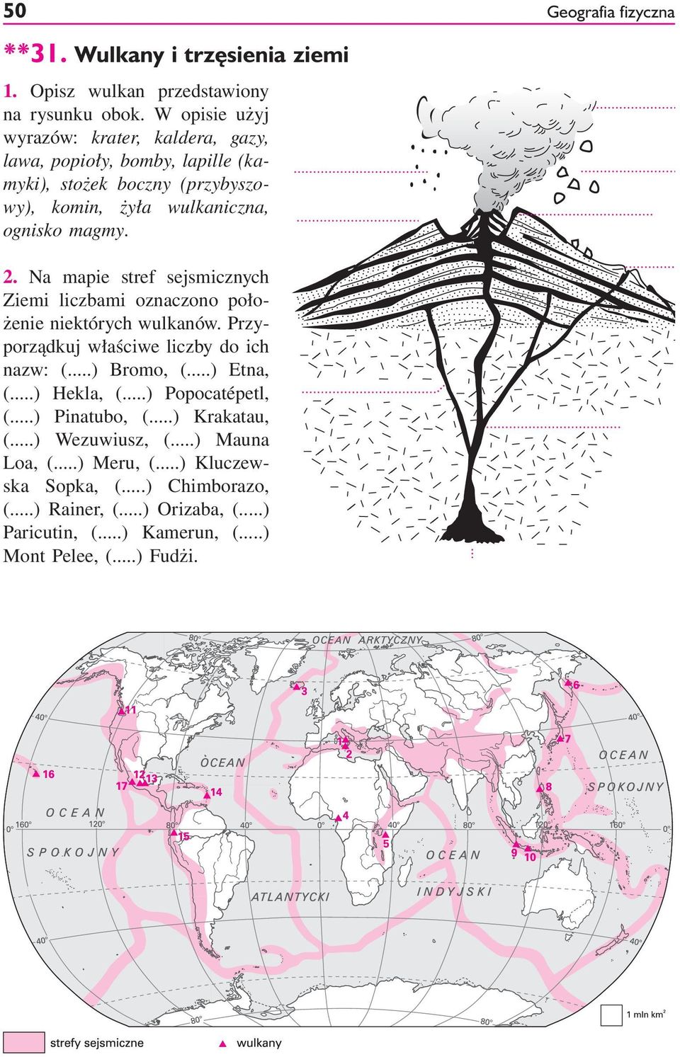 Na mapie stref sejsmicznych Ziemi liczbami oznaczono położenie niektórych wulkanów. Przyporządkuj właściwe liczby do ich nazw: (...) Bromo, (...) Etna, (.