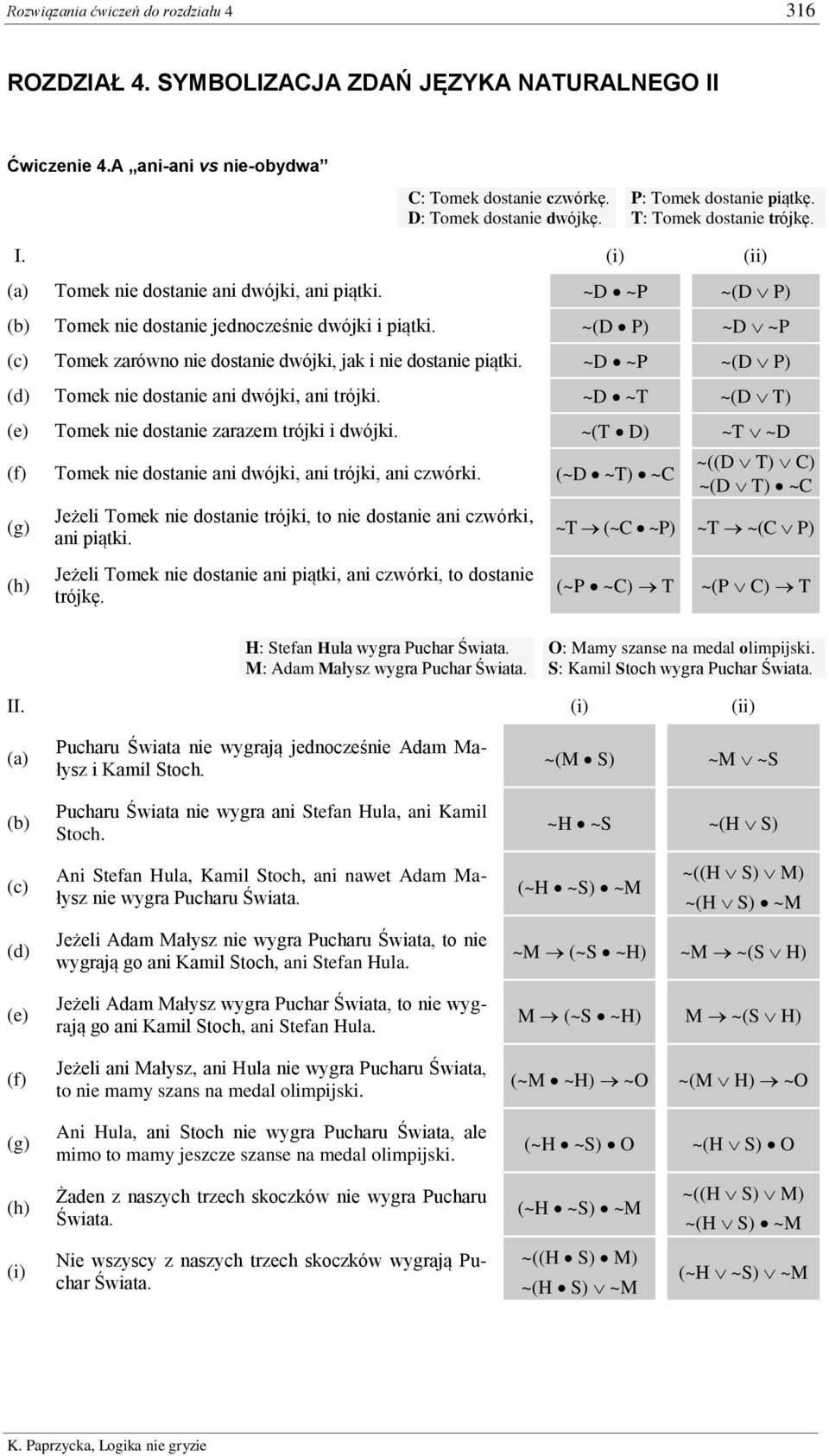 ~(D P) ~D ~P Tomek zarówno nie dostanie dwójki, jak i nie dostanie piątki. ~D ~P ~(D P) Tomek nie dostanie ani dwójki, ani trójki. ~D ~T ~(D T) (e) Tomek nie dostanie zarazem trójki i dwójki.