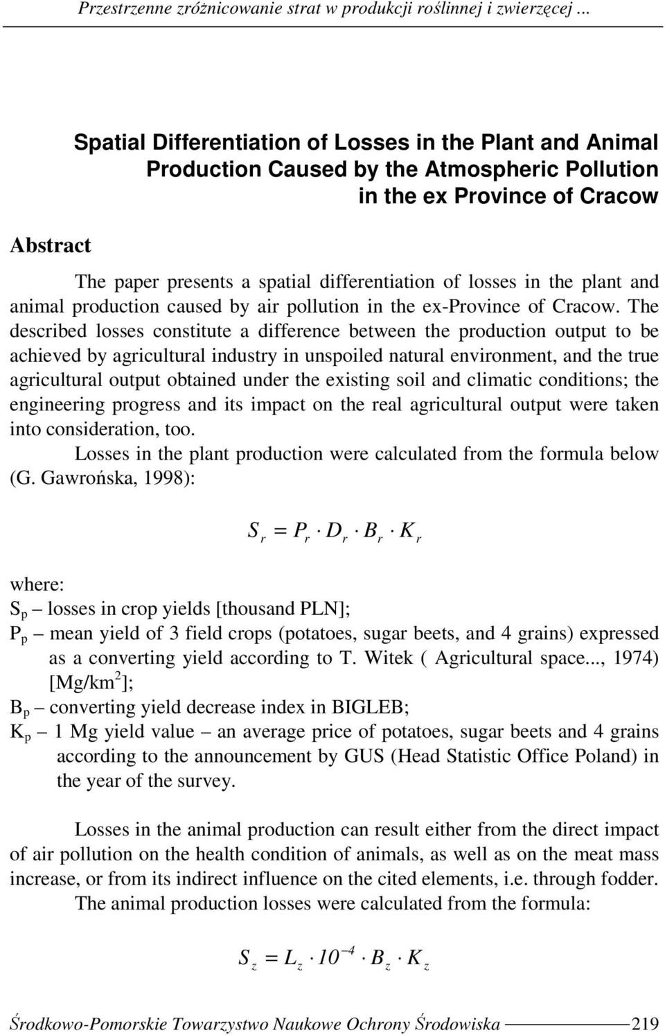 plant and animal poduction caused by ai pollution in the ex-povince of Cacow.