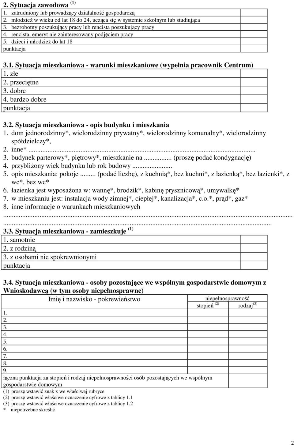 3.1. Sytuacja mieszkaniowa - warunki mieszkaniowe (wypełnia pracownik Centrum) 1. złe 2. przeciętne 3. dobre 4. bardzo dobre 3.2. Sytuacja mieszkaniowa - opis budynku i mieszkania 1.