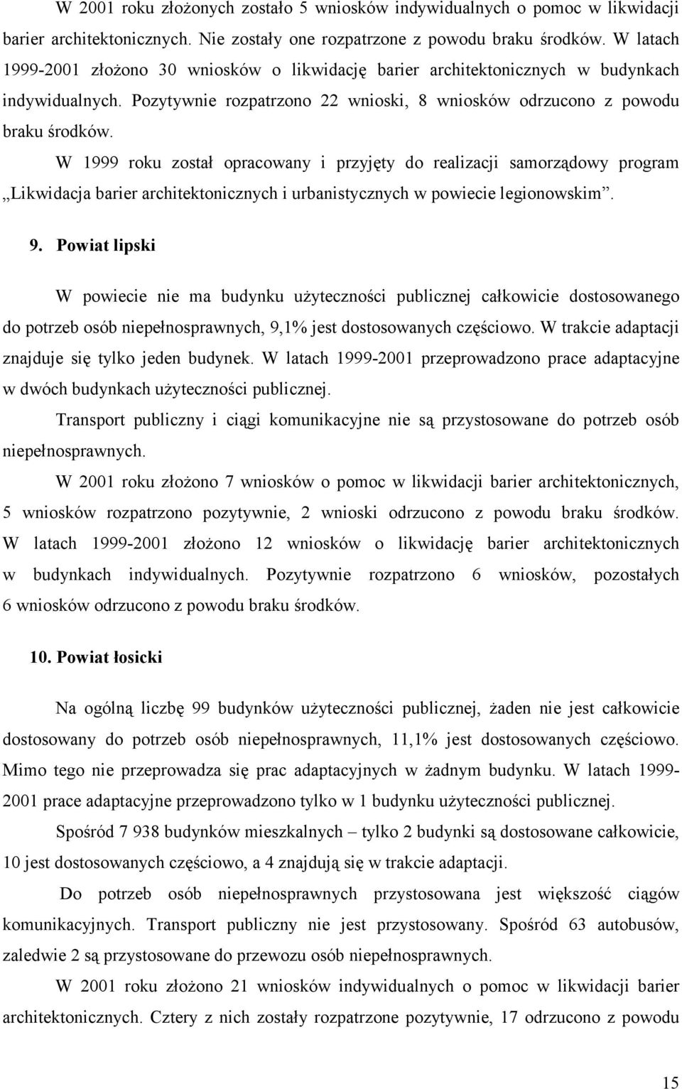 W 1999 roku został opracowany i przyjęty do realizacji samorządowy program Likwidacja barier architektonicznych i urbanistycznych w powiecie legionowskim. 9.