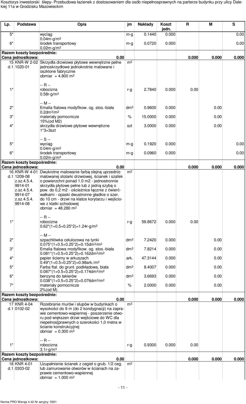 000 0.00 2* Ealia ftalowa odyfikow. og. stos.-biała 0.2d 3 / 2 3* ateriały poocnicze % 15.0000 0.000 0.00 15%(od M2) 4* skrzydła drzwiowe płytowe wewnętrzne 1*3=3szt szt 3.0000 0.000 0.00 -g 0.1920 0.