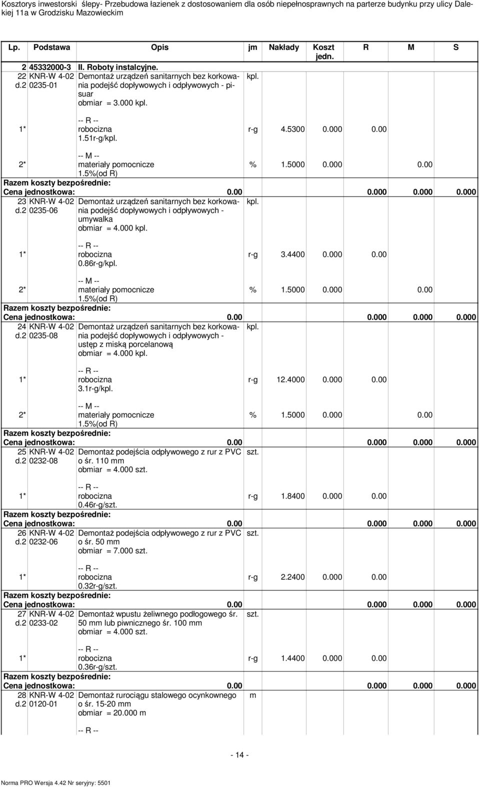 000 0.86r-g/ r-g 3.4400 0.000 0.00 2* ateriały poocnicze 1.5%(od R) 24 KNR-W 4-02 d.