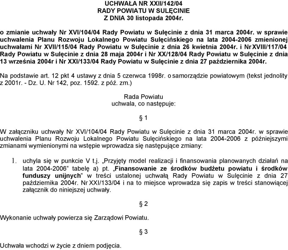 i Nr XVIII/117/04 Rady Powiatu w z dnia 28 maja 2004r i Nr XX/128/04 Rady Powiatu w z dnia 13 września 2004r i Nr XXI/133/04 Rady Powiatu w z dnia 27 października 2004r. Na podstawie art.