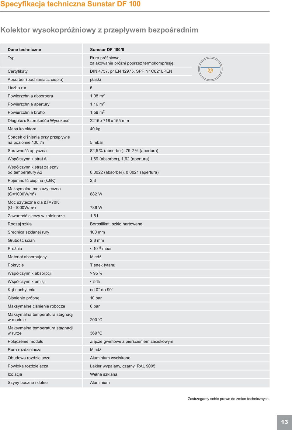 x Wysokość Masa kolektora Spadek ciśnienia przy przepływie na poziomie 100 l/h Sprawność optyczna Współczynnik strat A1 Współczynnik strat zależny od temperatury A2 2215 x 718 x 155 mm 40 kg