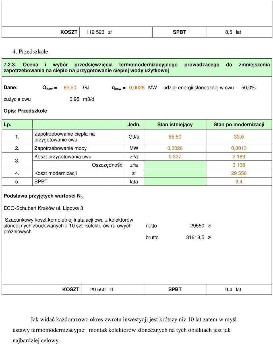 50,0% zużycie cwu 0,95 m3/d Opis: Przedszkole GJ/a 65,50 33,0 2. Zapotrzebowanie mocy MW 0,0026 0,0013 Koszt przygotowania cwu zł/a 5 327 2 189 Oszczędność zł/a 3 138 4.