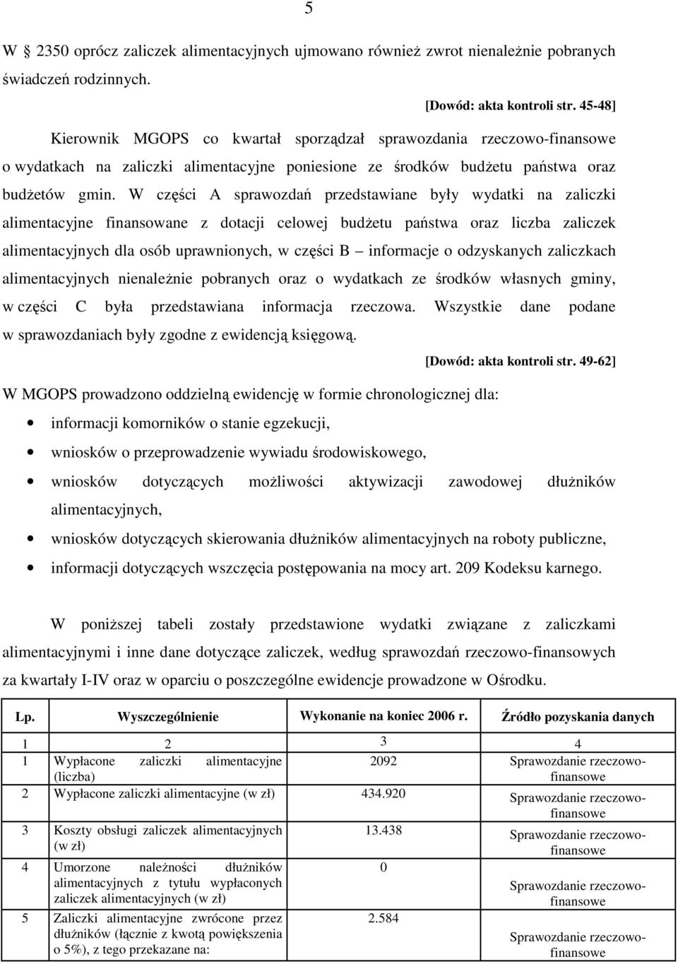 W części A sprawozdań przedstawiane były wydatki na zaliczki alimentacyjne finansowane z dotacji celowej budŝetu państwa oraz liczba zaliczek alimentacyjnych dla osób uprawnionych, w części B