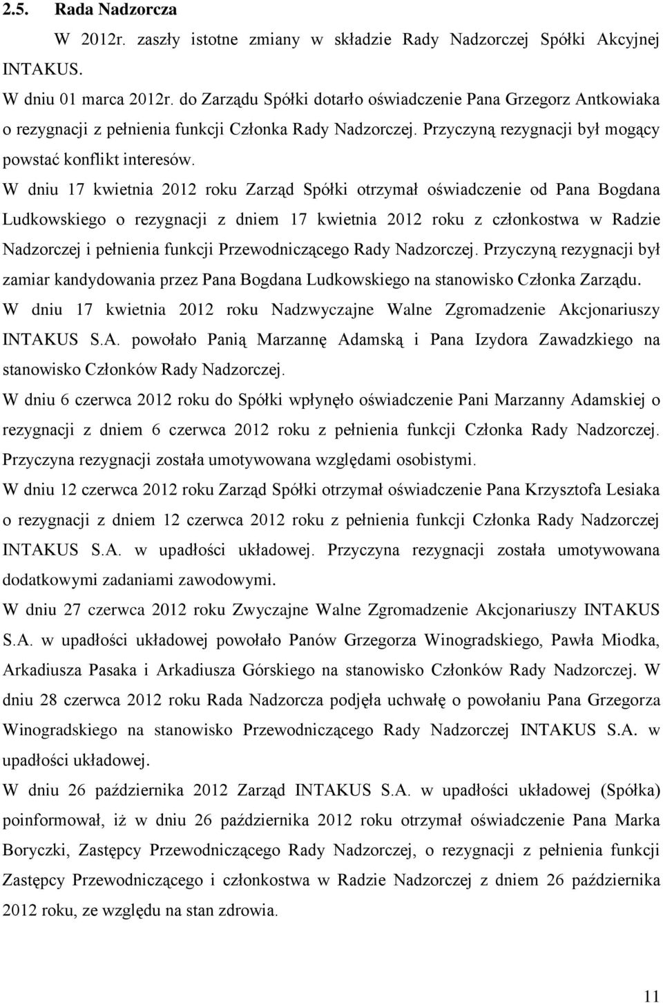 W dniu 17 kwietnia 2012 roku Zarząd Spółki otrzymał oświadczenie od Pana Bogdana Ludkowskiego o rezygnacji z dniem 17 kwietnia 2012 roku z członkostwa w Radzie Nadzorczej i pełnienia funkcji
