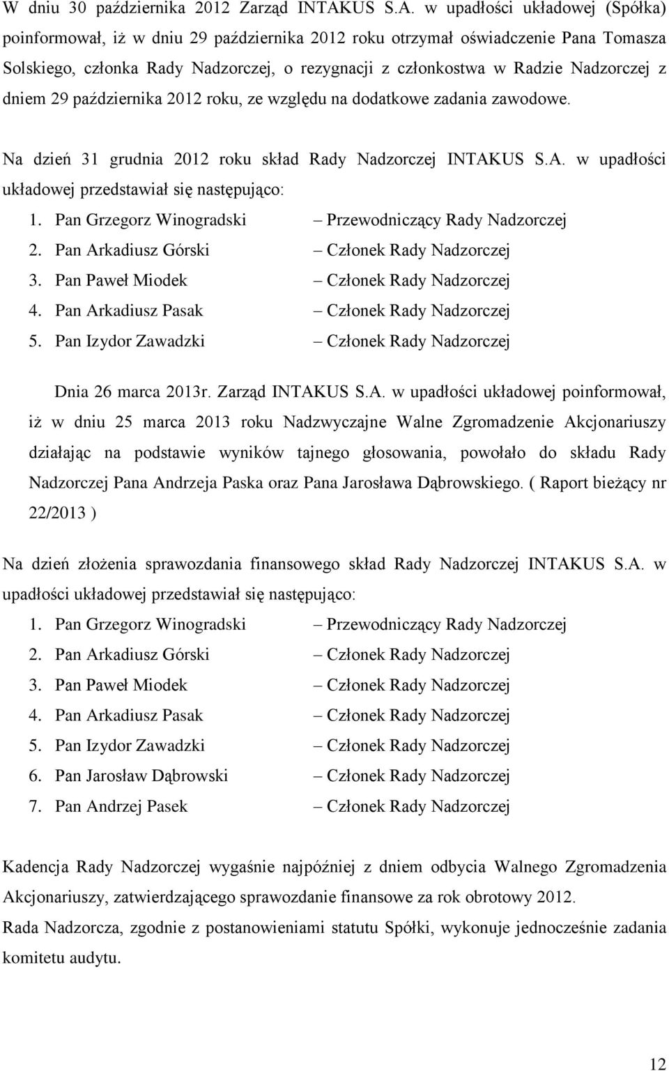 w upadłości układowej (Spółka) poinformował, iż w dniu 29 października 2012 roku otrzymał oświadczenie Pana Tomasza Solskiego, członka Rady Nadzorczej, o rezygnacji z członkostwa w Radzie Nadzorczej