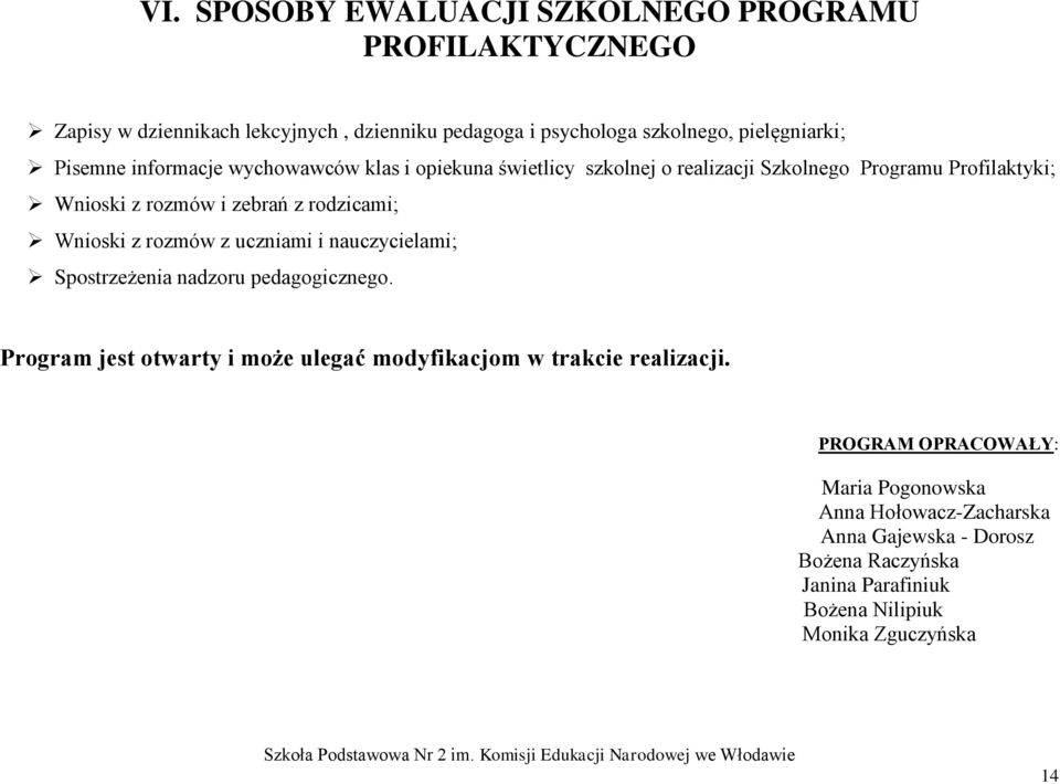 Wnioski z rozmów z uczniami i nauczycielami; Spostrzeżenia nadzoru pedagogicznego. Program jest otwarty i może ulegać modyfikacjom w trakcie realizacji.