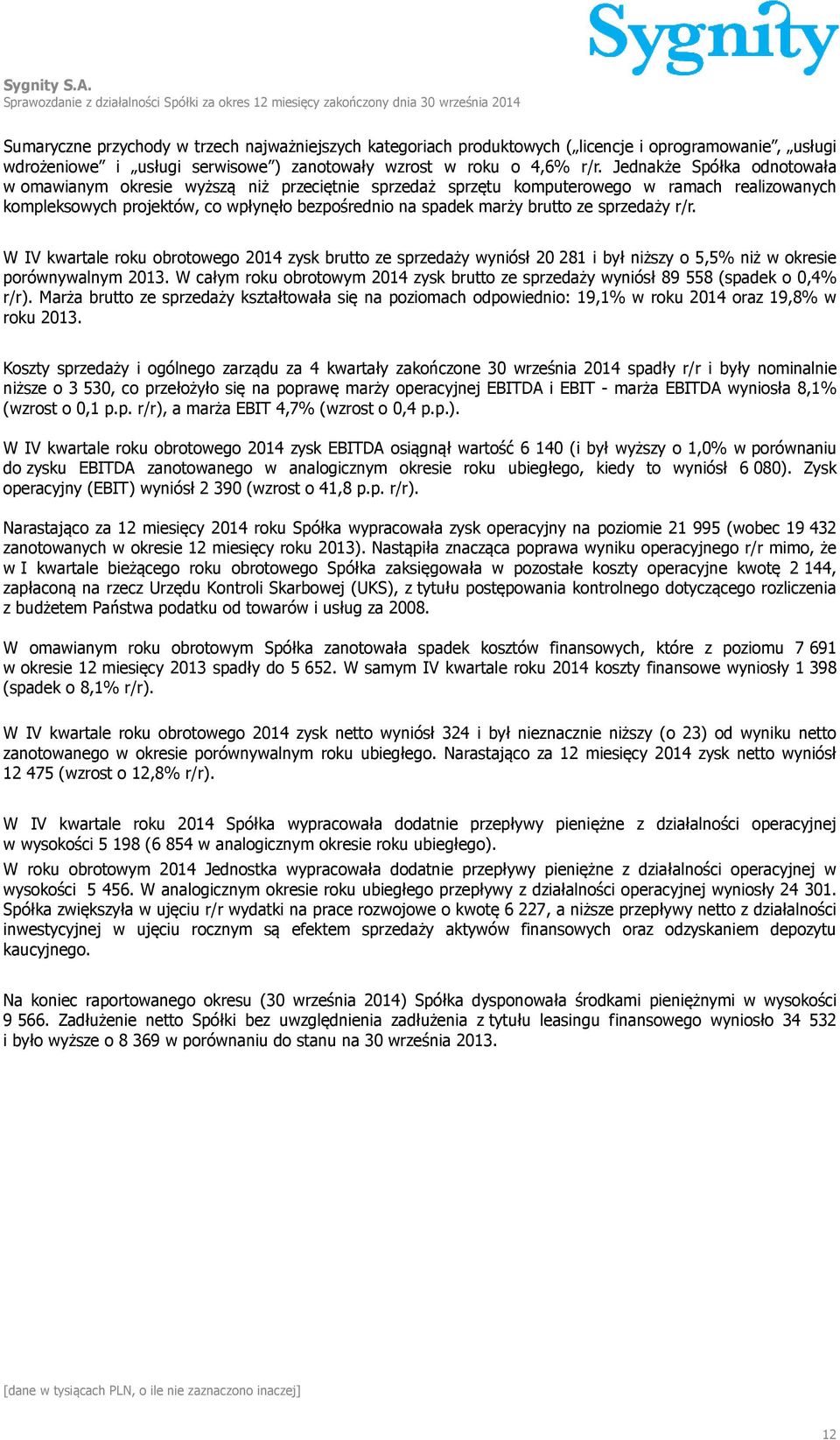 sprzedaży r/r. W IV kwartale roku obrotowego 2014 zysk brutto ze sprzedaży wyniósł 20 281 i był niższy o 5,5% niż w okresie porównywalnym 2013.