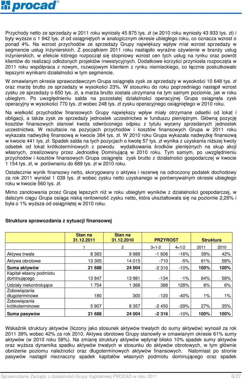 Z początkiem 2011 roku nastąpiło wyraźne ożywienie w branży usług inżynierskich, w efekcie którego rozpoczął się stopniowy wzrost cen tych usług na rynku oraz powrót klientów do realizacji odłożonych