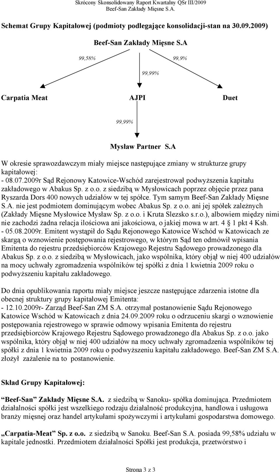 o. z siedzibą w Mysłowicach poprzez objęcie przez pana Ryszarda Dors 400 nowych udziałów w tej spółce. Tym samym Beef-San Zakłady Mięsne S.A. nie jest podmiotem dominującym wobec Abakus Sp. z o.o. ani jej spółek zależnych (Zakłady Mięsne Mysłowice Mysław Sp.