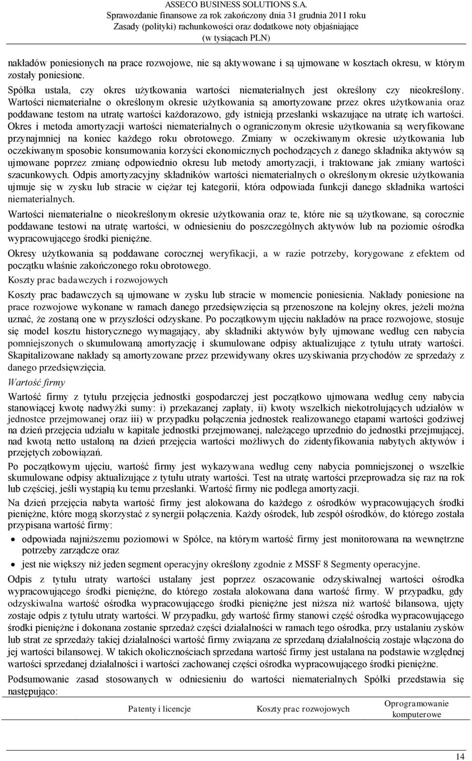 Wartości niematerialne o określonym okresie użytkowania są amortyzowane przez okres użytkowania oraz poddawane testom na utratę wartości każdorazowo, gdy istnieją przesłanki wskazujące na utratę ich