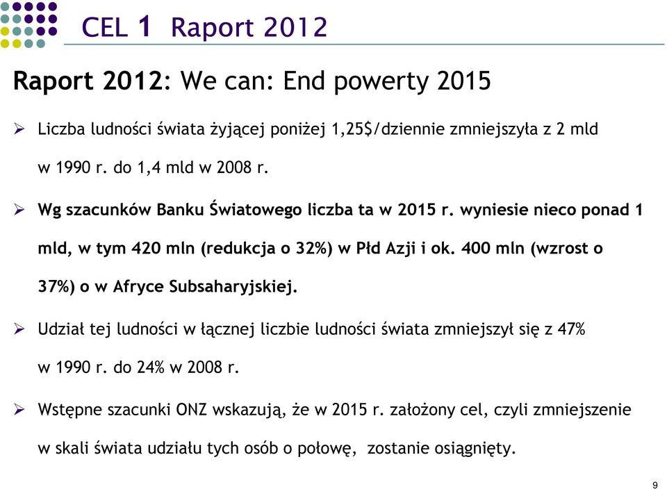 400 mln (wzrost o 37%) o w Afryce Subsaharyjskiej. Udział tej ludności w łącznej liczbie ludności świata zmniejszył się z 47% w 1990 r.