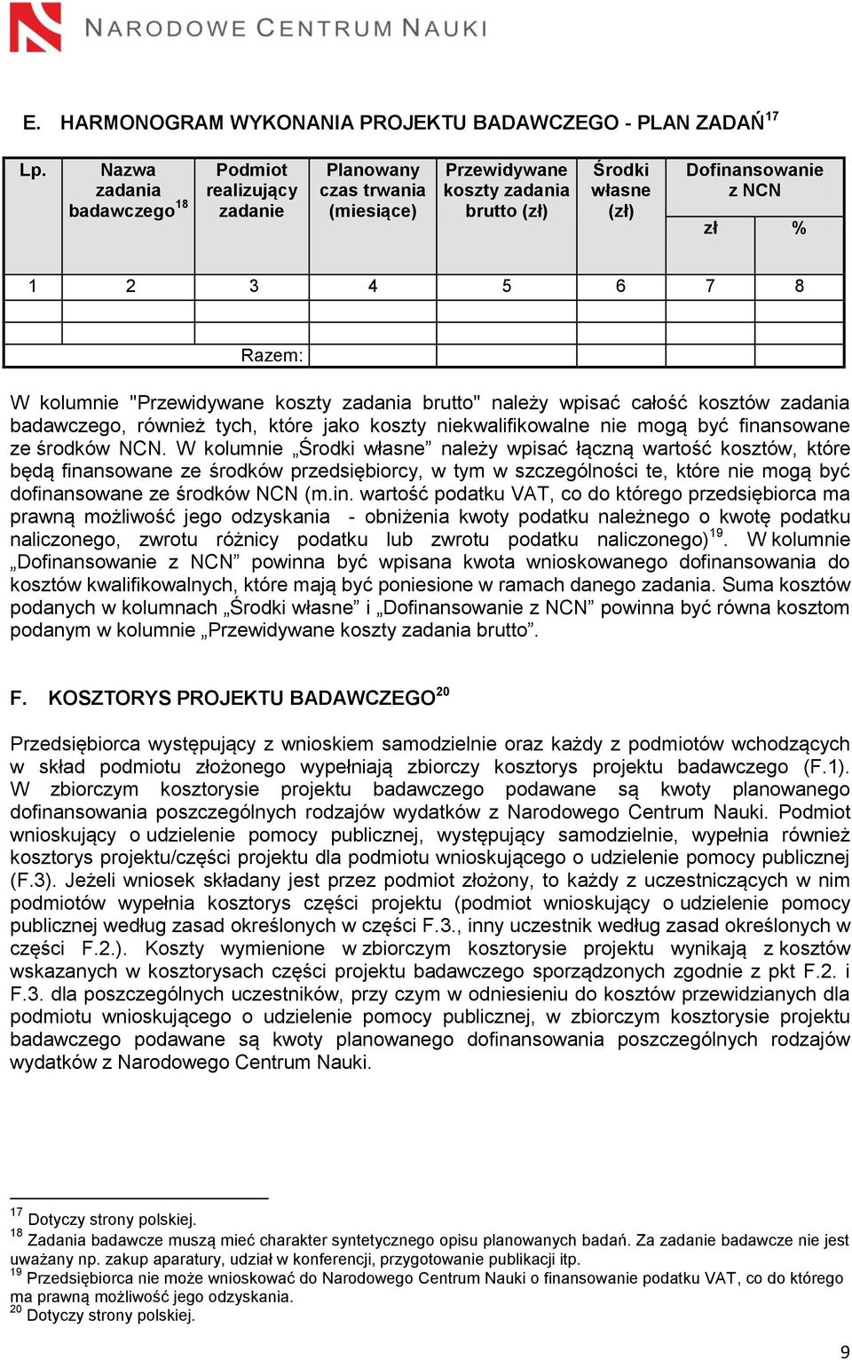 kolumnie "Przewidywane koszty zadania brutto" należy wpisać całość kosztów zadania badawczego, również tych, które jako koszty niekwalifikowalne nie mogą być finansowane ze środków NCN.