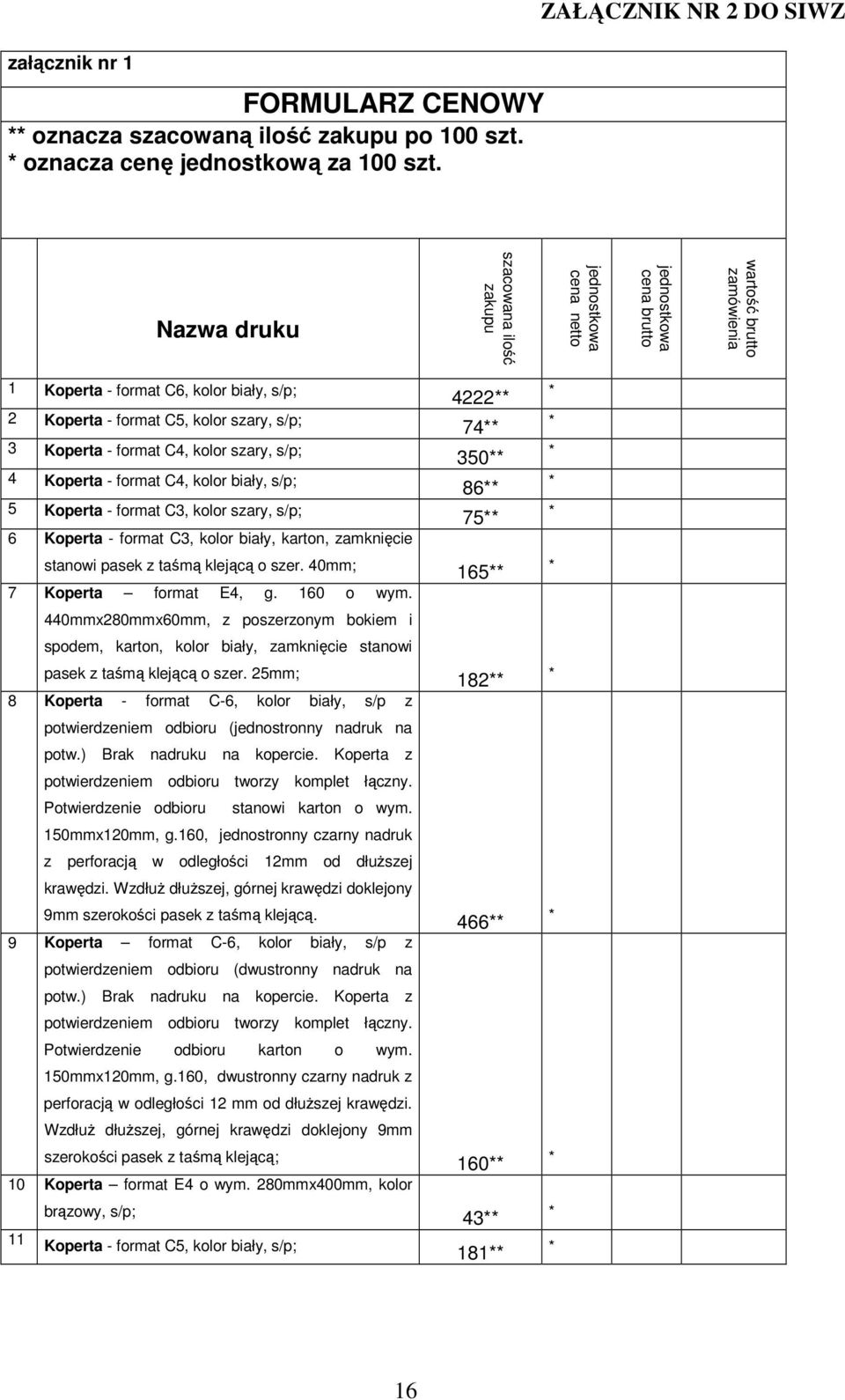 kolor szary, s/p; 3 Koperta - format C4, kolor szary, s/p; 4 Koperta - format C4, kolor biały, s/p; 5 Koperta - format C3, kolor szary, s/p; 6 Koperta - format C3, kolor biały, karton, zamknięcie