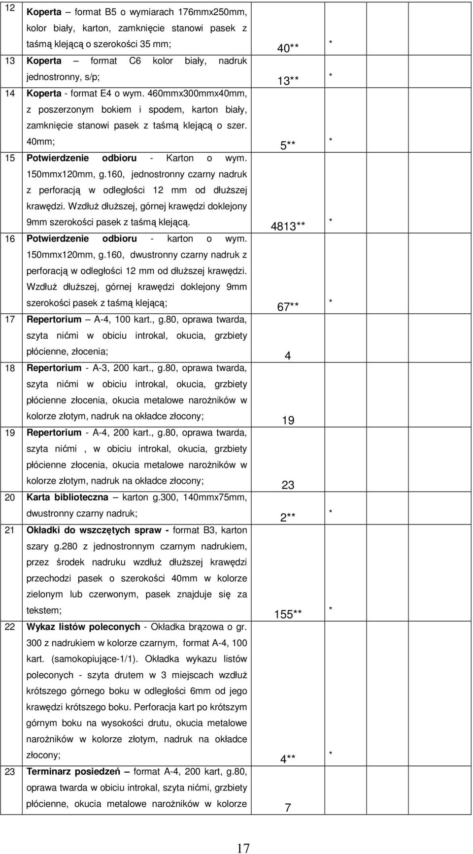 160, jednostronny czarny nadruk z perforacją w odległości 12 mm od dłuŝszej krawędzi. WzdłuŜ dłuŝszej, górnej krawędzi doklejony 9mm szerokości pasek z taśmą klejącą.