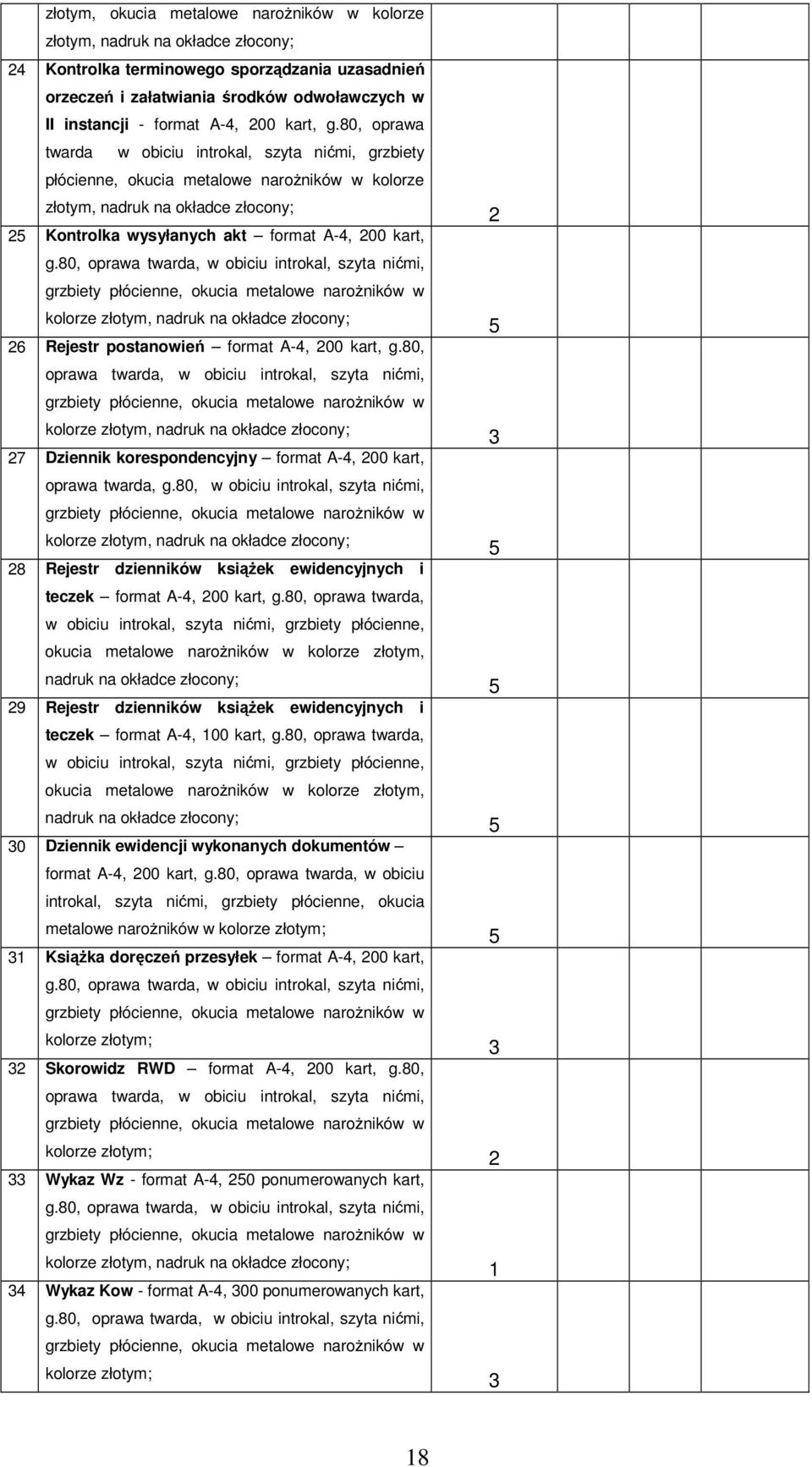 80, oprawa twarda w obiciu introkal, szyta nićmi, grzbiety płócienne, okucia metalowe naroŝników w kolorze złotym, nadruk na okładce złocony; 25 Kontrolka wysyłanych akt format 80, oprawa twarda, w