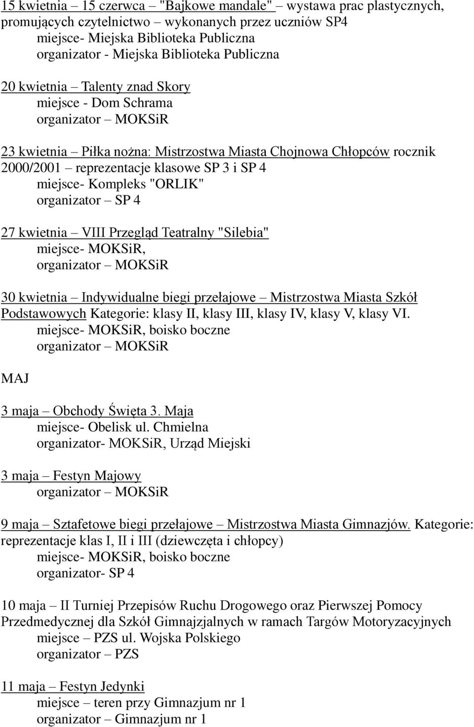 miejsce- MOKSiR, 30 kwietnia Indywidualne biegi przełajowe Mistrzostwa Miasta Szkół Podstawowych Kategorie: klasy II, klasy III, klasy IV, klasy V, klasy VI.