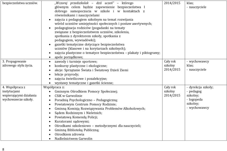 rozwijania wśród uczniów umiejętności społecznych i postaw asertywnych; pedagogizacja rodziców (pogadanki na tematy związane z bezpieczeństwem uczniów, szkolenia, spotkania z dyrektorem szkoły,