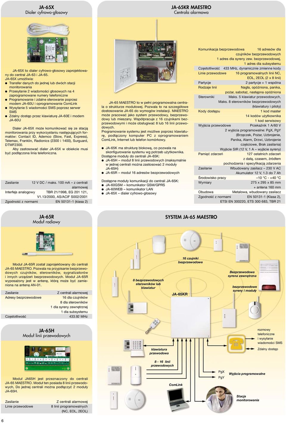 JA-60U i oprogramowanie ComLink Wysyłanie 5 wiadomości SMS poprzez serwer SMS Zdalny dostęp przez klawiaturę JA-60E i modem JA-60U Dialer JA-65X może komunikować się ze stacją monitorowania przy
