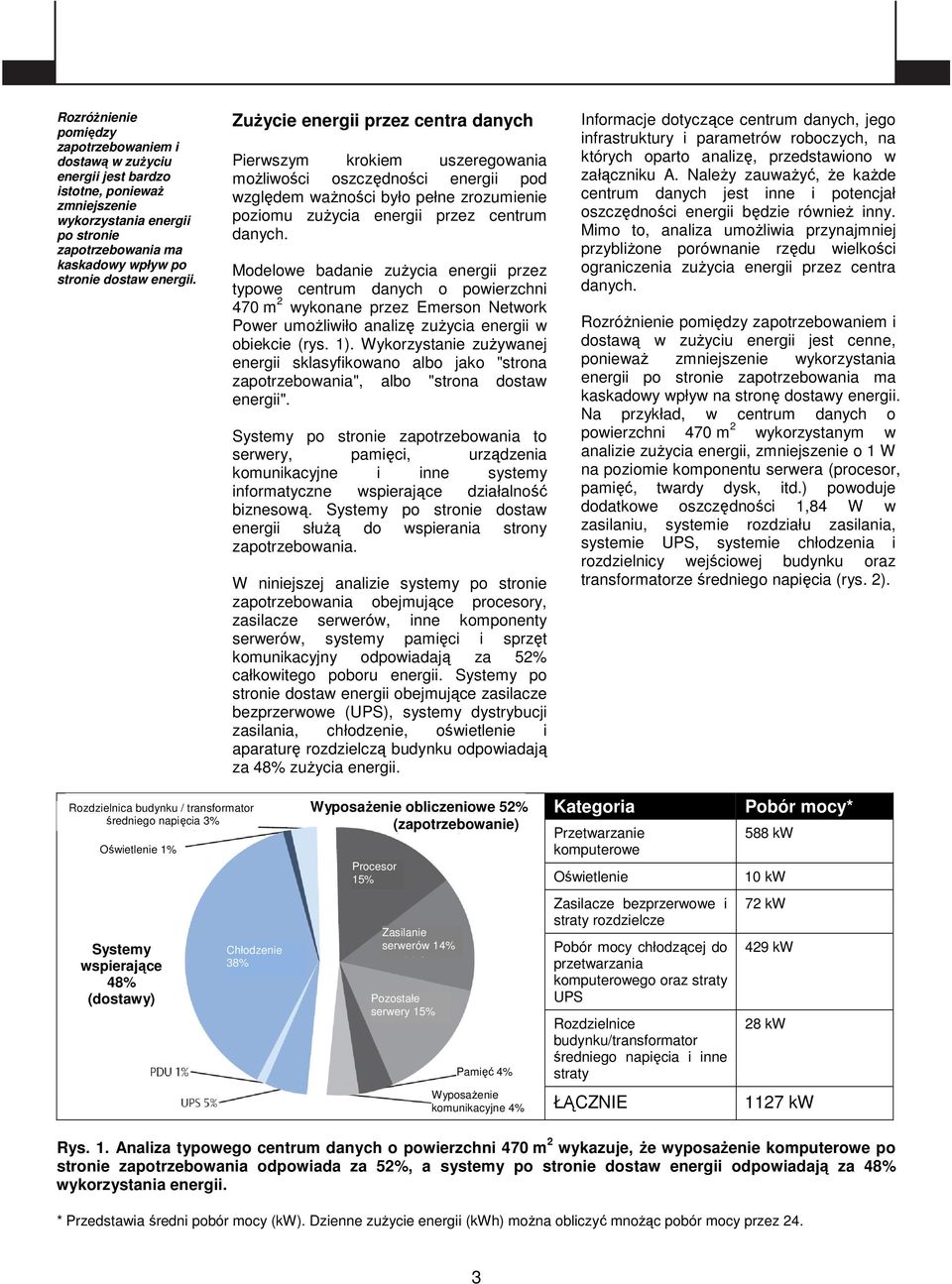 Modelowe badanie zuŝycia energii przez typowe centrum danych o powierzchni 470 m 2 wykonane przez Emerson Network Power umoŝliwiło analizę zuŝycia energii w obiekcie (rys. 1).