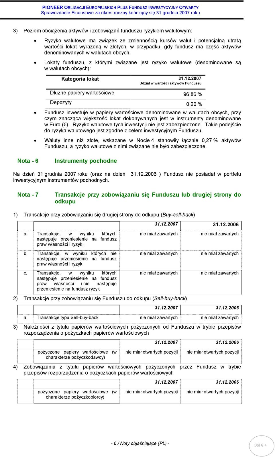 Lokaty funduszu, z którymi związane jest ryzyko walutowe (denominowane są w walutach obcych): Kategoria lokat 31.12.