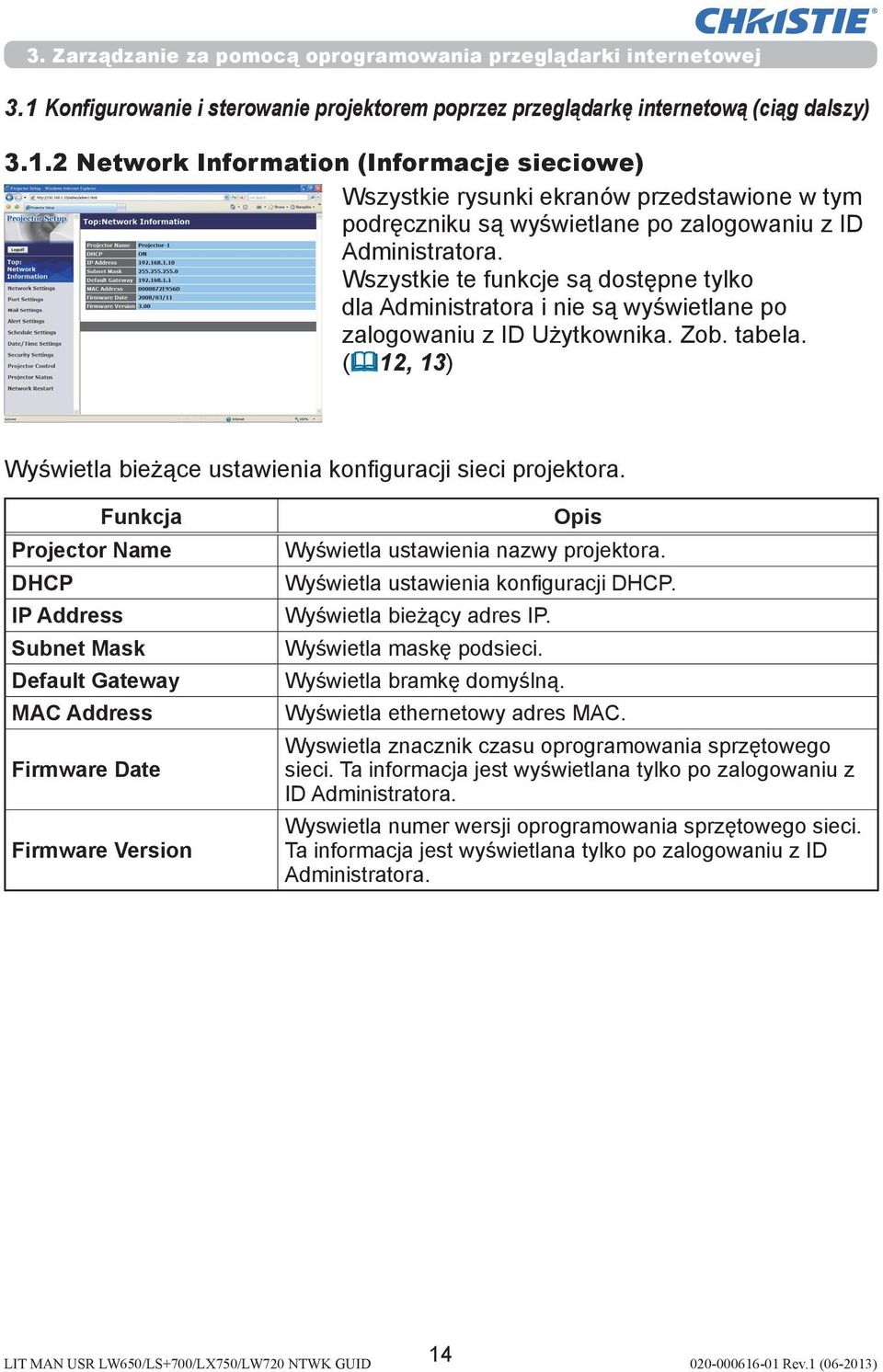 Funkcja Projector Name DHCP IP Address Subnet Mask Default Gateway MAC Address Firmware Date Firmware Version Opis Wyświetla ustawienia nazwy projektora. Wyświetla ustawienia konfiguracji DHCP.