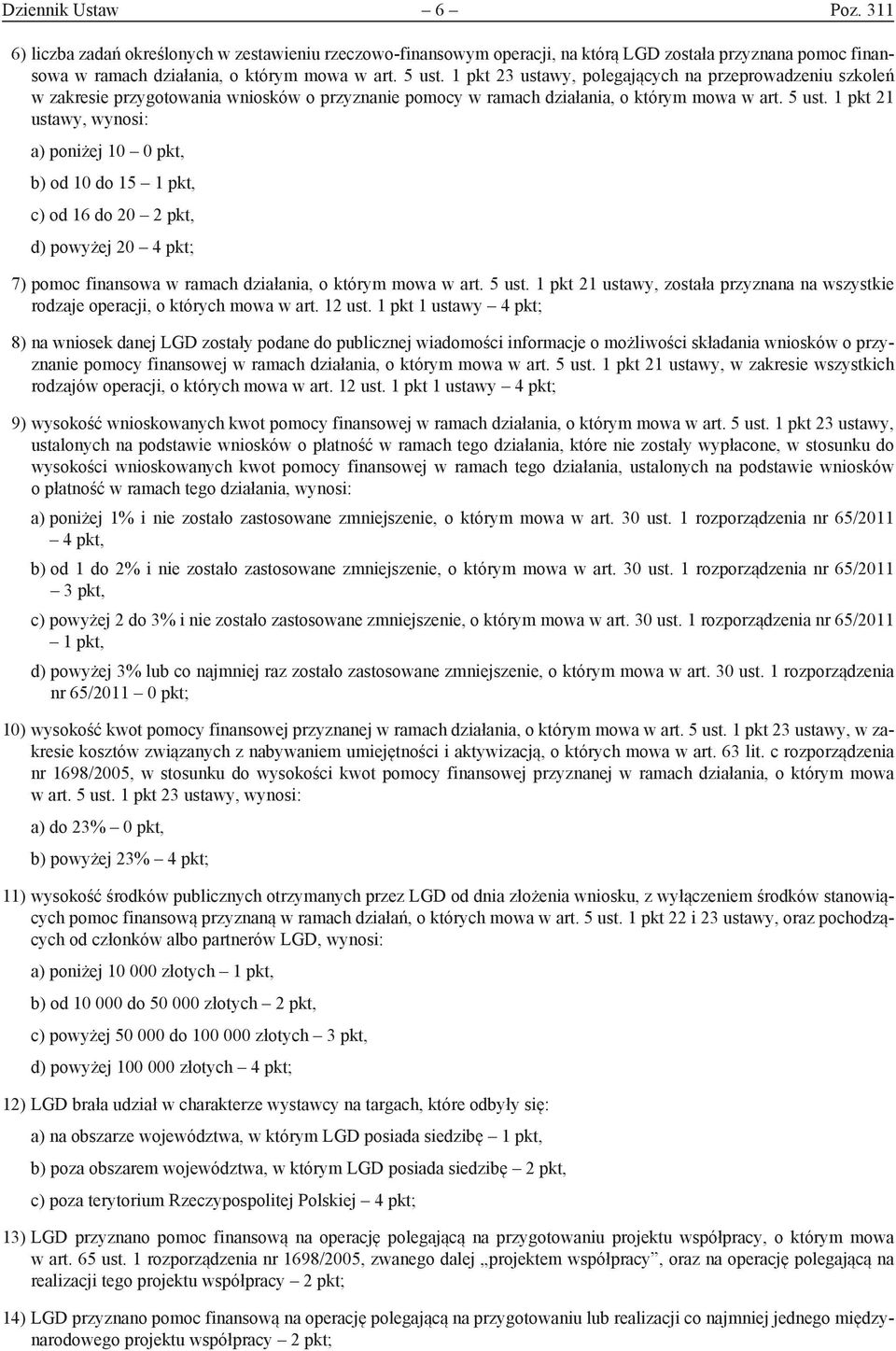 1 pkt 21 ustawy, wynosi: a) poniżej 10 0 pkt, b) od 10 do 15 1 pkt, c) od 16 do 20 2 pkt, d) powyżej 20 4 pkt; 7) pomoc finansowa w ramach działania, o którym mowa w art. 5 ust.