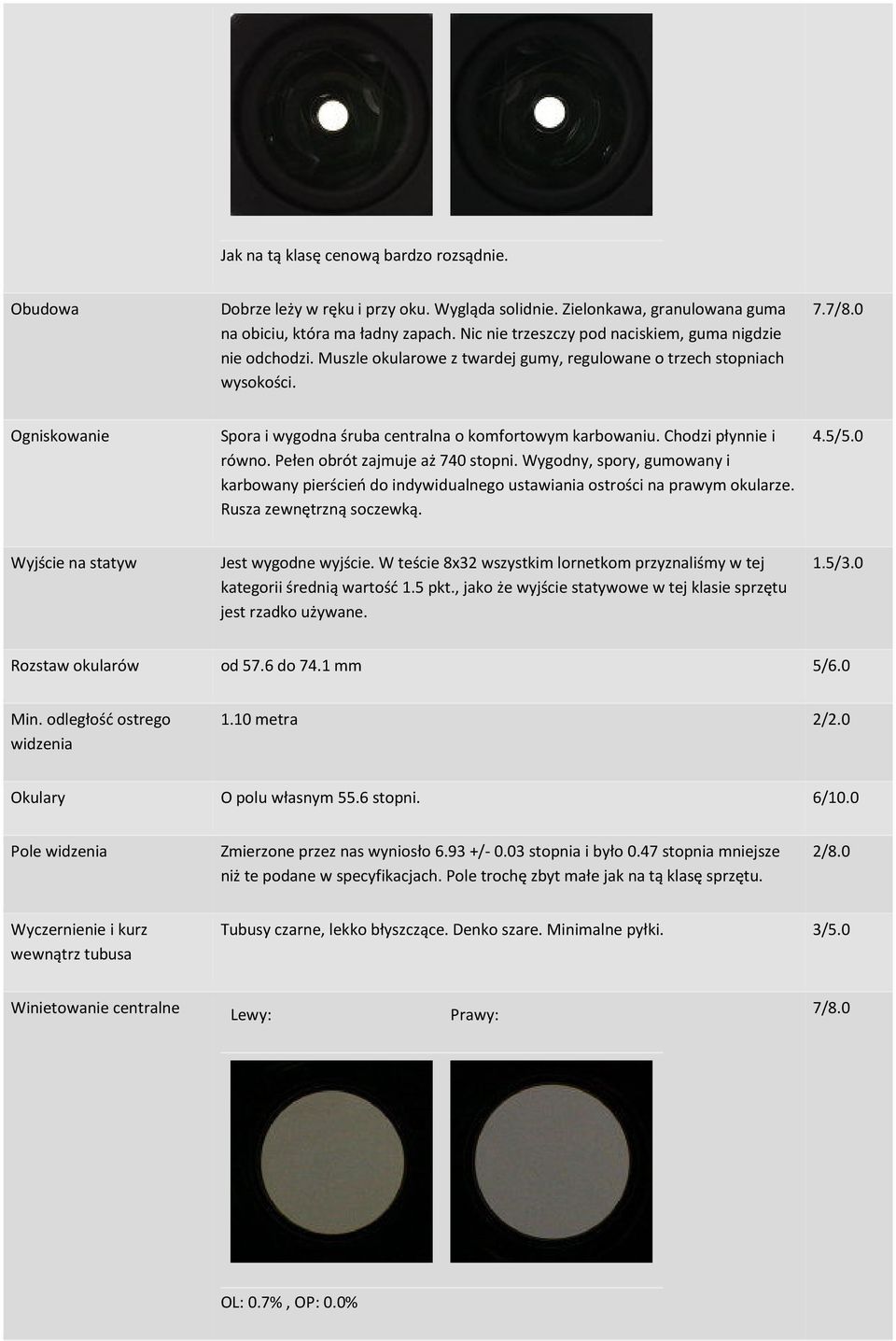 0 Ogniskowanie Spora i wygodna śruba centralna o komfortowym karbowaniu. Chodzi płynnie i równo. Pełen obrót zajmuje aż 740 stopni.