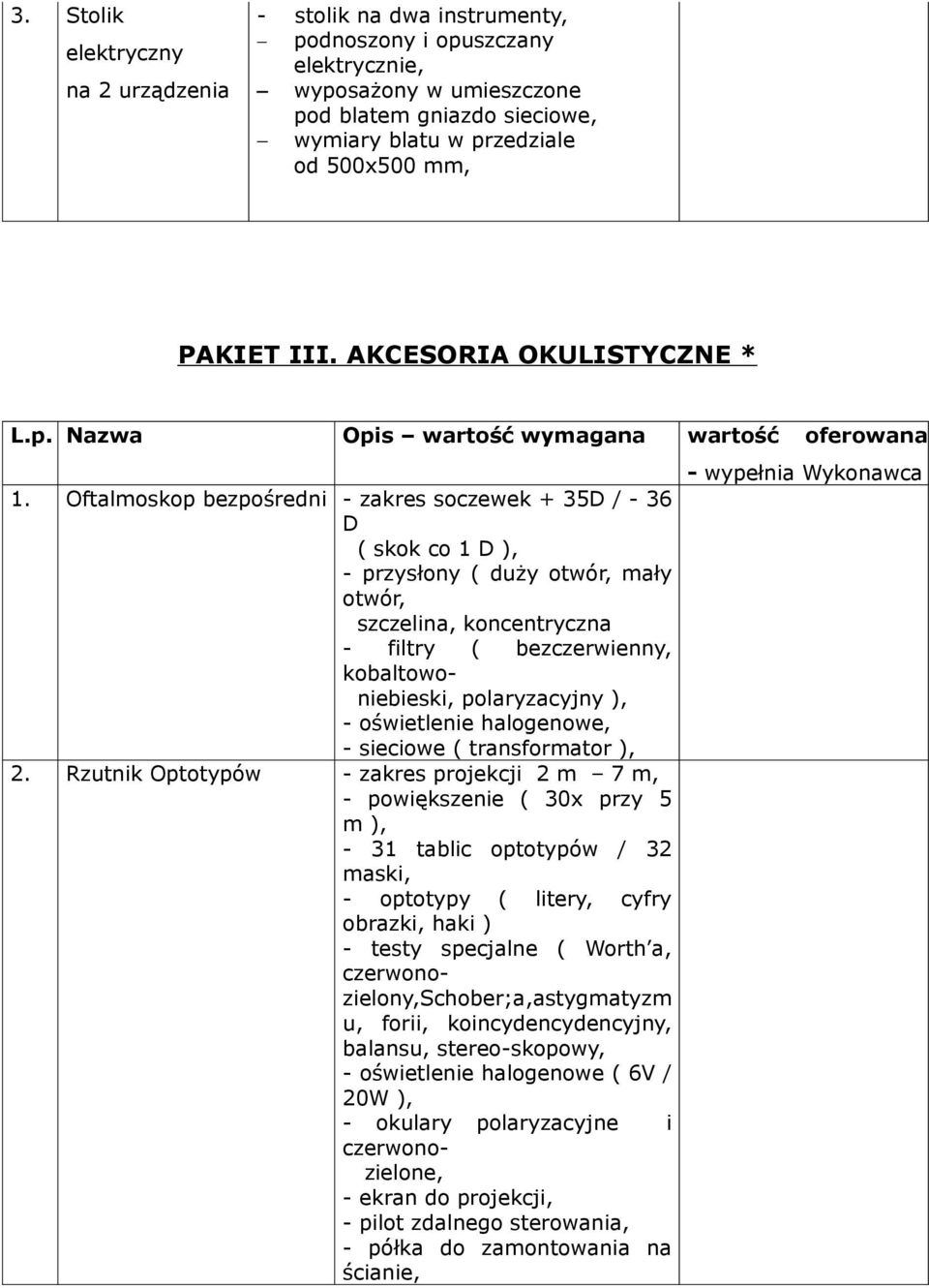 Oftalmoskop bezpośredni - zakres soczewek + 35D / - 36 D ( skok co 1 D ), - przysłony ( duży otwór, mały otwór, szczelina, koncentryczna - filtry ( bezczerwienny, kobaltowoniebieski, polaryzacyjny ),